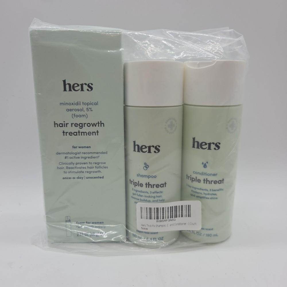 Hers Triple Threat Shampoo, Conditioner, 2% Minoxidil Foam Set For Hair Regrowth